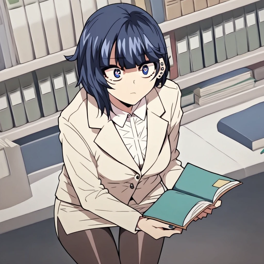 score_9, score_8_up, score_7_up, score_6_up, source_anime, BREAK, 1girl at office, solo, (( <lora:mesu_naoko:1> , mesu_naoko , piercing blue eyes, clear eyes, bright pupils, dark blue hair, short hair, bangs, medium breasts, slim body, petite body, petite waist, medium hips, )) beige suit, office lady, pencil skirt, formal, jacket, pantyhose, skirt suit, office, inside office, cleavage, whole office desk view, she is reading a document,