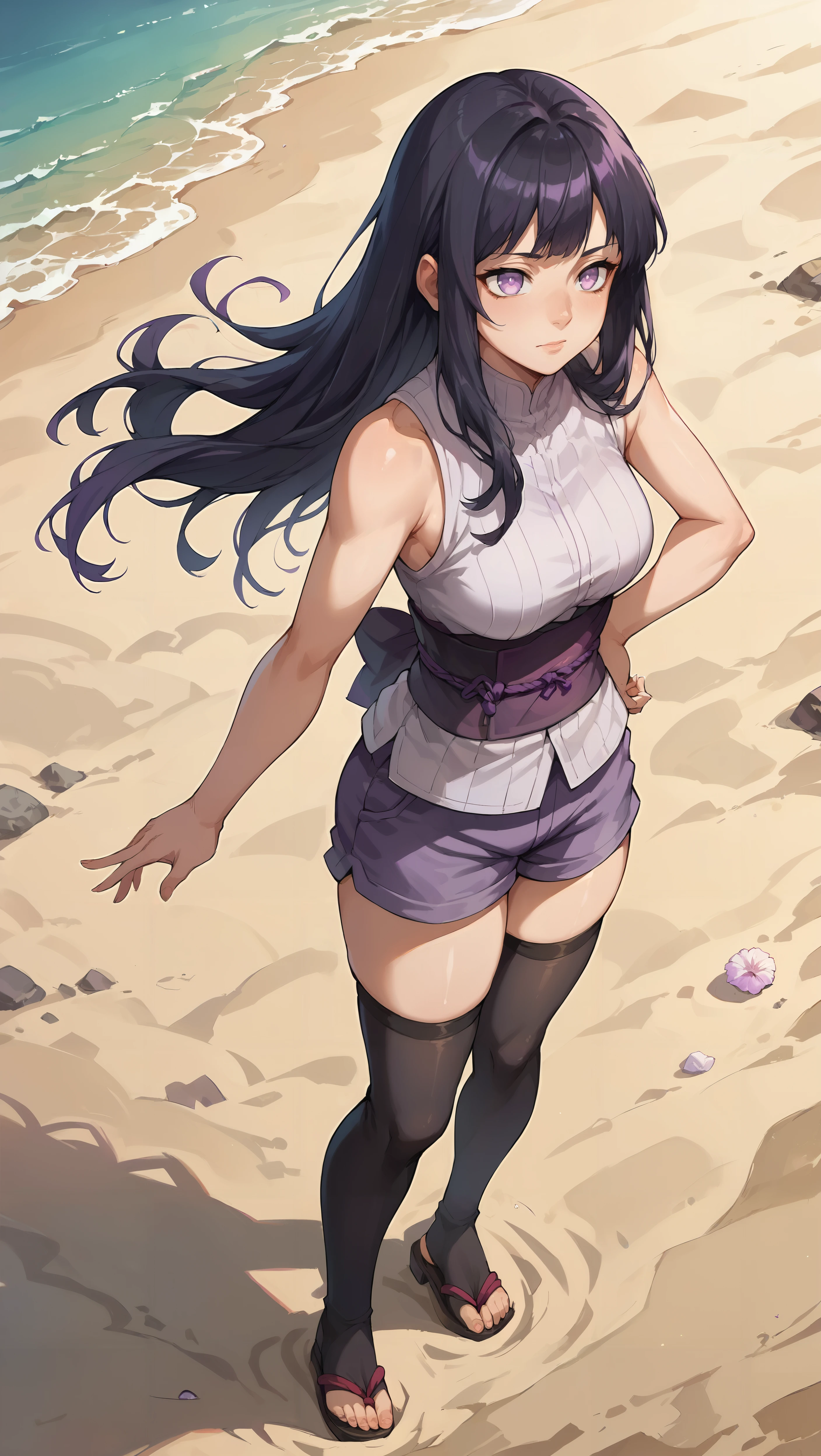 score_9,score_8_up,score_7_up,score_6_up, source_anime, zPDXL, girl, long hair, black hair, purple eyes, empty eyes, purple japanese clothes, obi, sleeveless, purple shorts, thighhighs, <lora:Wakfu_CartoonV02:0.5>, <lora:xl_more_art-full_v1:0.5>,   <lora:Hinata Hyuga-000004:0.8>, looking over her shoulder, beach, sand, outdoors,