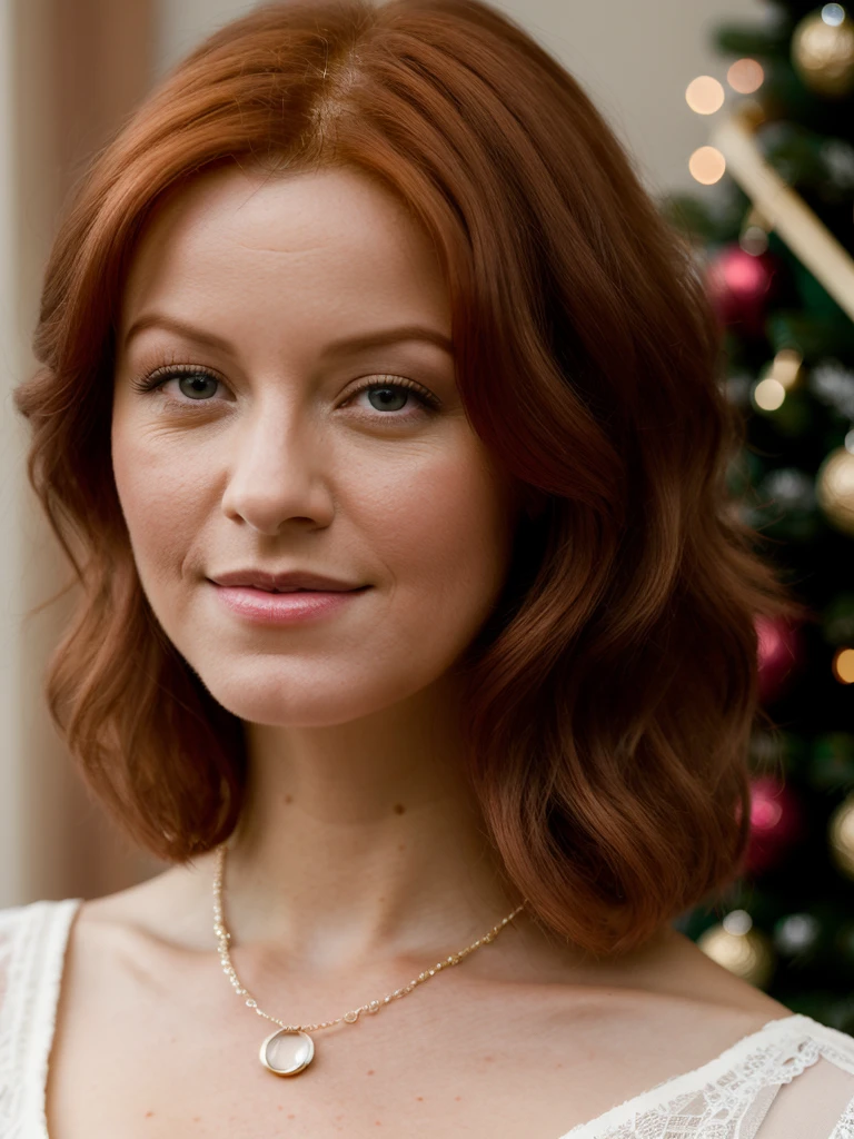 Realistic photo of a beautiful l1ndyb woman, 1girl, solo, smile, orange hair, dress, jewelry, sitting, necklace, lips, instrument, christmas, curly hair, realistic, christmas tree, piano, soft lighting, professional Photography, Photorealistic, detailed, RAW, analog, sharp focus, 8k, HD, DSLR, high quality, Fujifilm XT3, film grain, award winning, masterpiece<lora:l1ndyb:1.0>