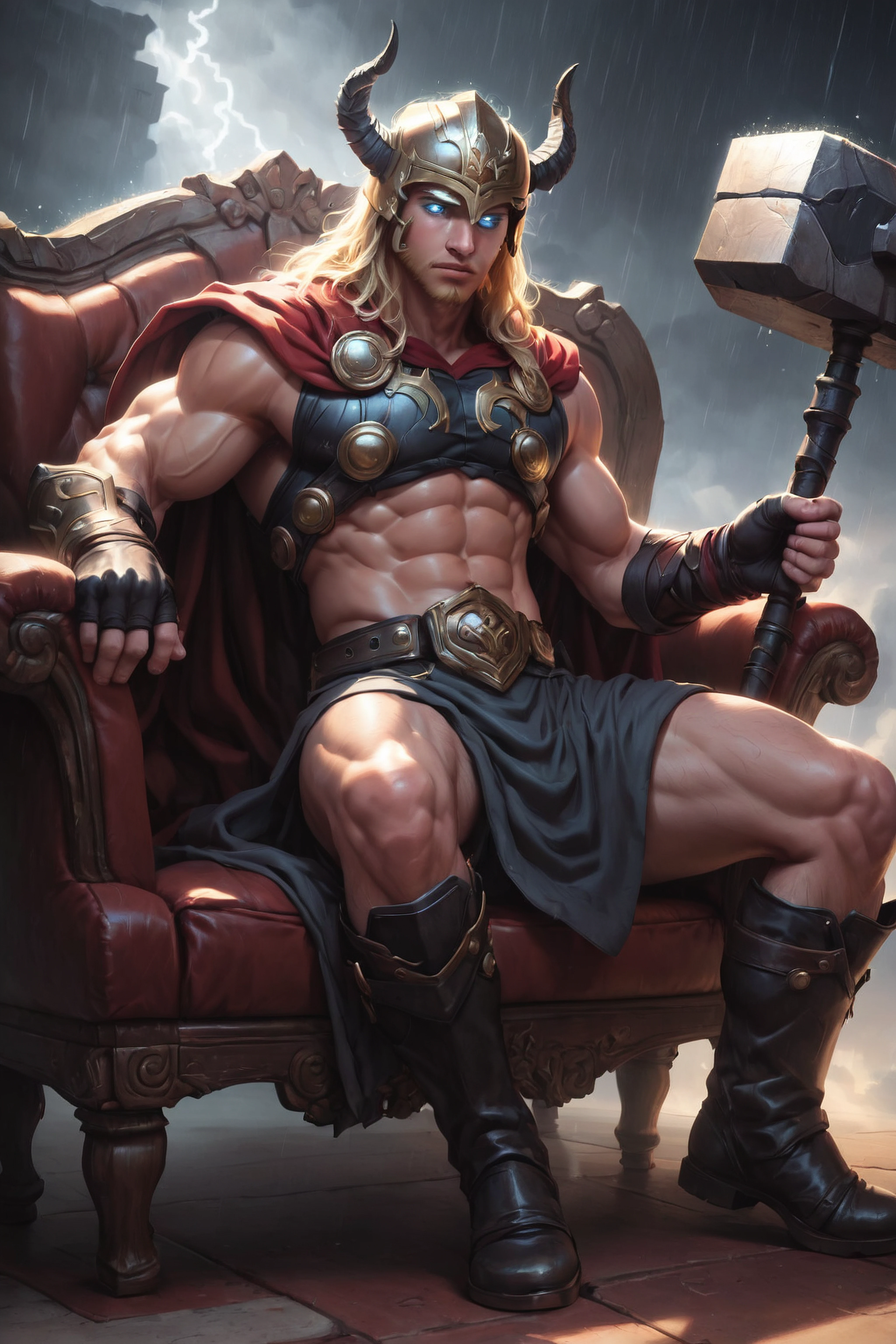 score_9, score_8_up, score_7_up, 8k, very detailed, high detailed texture, depth of field, golden hour, cinematic illumination, volumetric lighting, bedroom, sitting on a couch watching tv , <lora:AIPansen_Thor-000007:0.8>1boy, cape, facial hair, beard, helmet, blonde hair, hammer, armor, blue eyes, horns, rain, glowing, long hair, muscular, glowing eyes, abs, boots, muscular male, fingerless gloves, <lora:Realistic_2.5DAnime_Merge1:0.8>