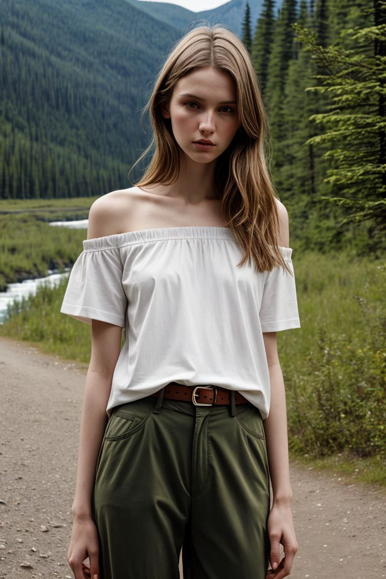 <lora:kawaii7.1.3_obj20:0.75:0.25>, European woman, closeup, sandals, (shirt), pants, (nahanni national park), ZM_marisa, wide shoulders, perfect face, (contact iris: 1.1), pale skin, skin pores , depth of field
