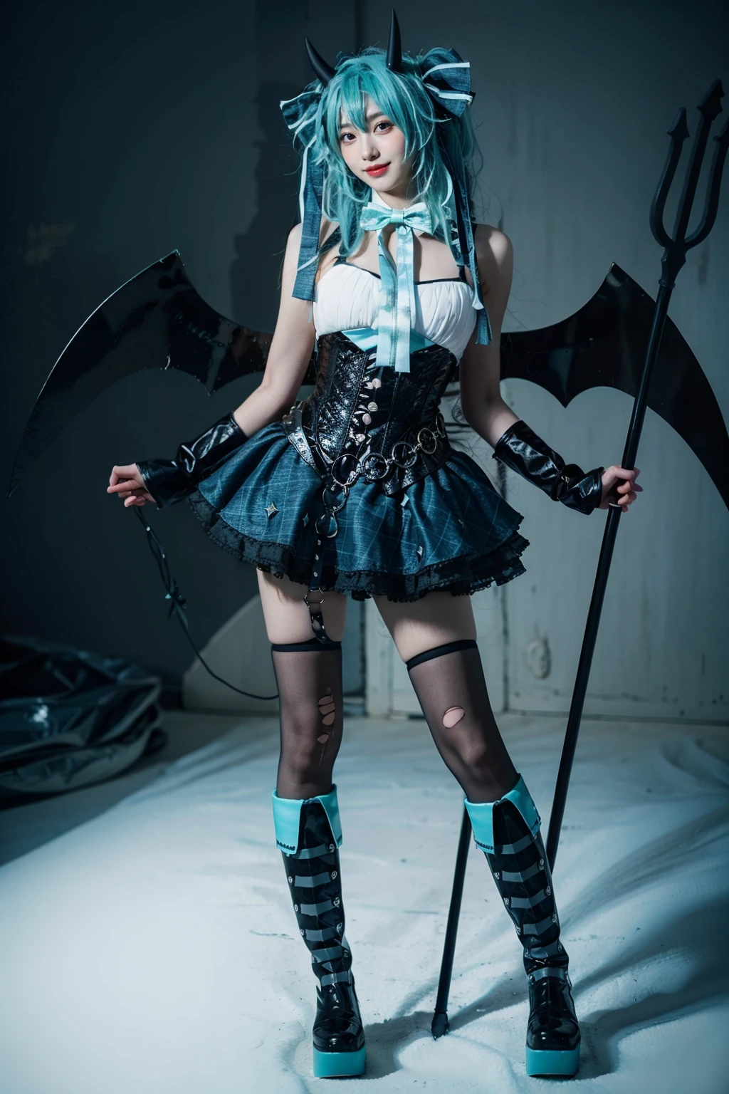 best quality, masterpiece, realistic, photorealistic, 1girl, solo, looking at viewer, smile, standing, full body, arms at side, hatsune miku cosplay costume, hatsune miku, cosplay, aqua hair, very long hair, twintails, shirt, corset, skirt, plaid skirt, detached collar, detached sleeves, arm warmers, bowtie, bow, horns, demon horns, demon wings, demon tail, ribbon, o-ring, chain, thigh strap, hair ribbon, hair bow, thighhighs, torn thighhighs, knee boots, belt boots, platform boots, trident, holding trident, grey simple background, <lora:miku_cosplay_Villains_v1:0.75>