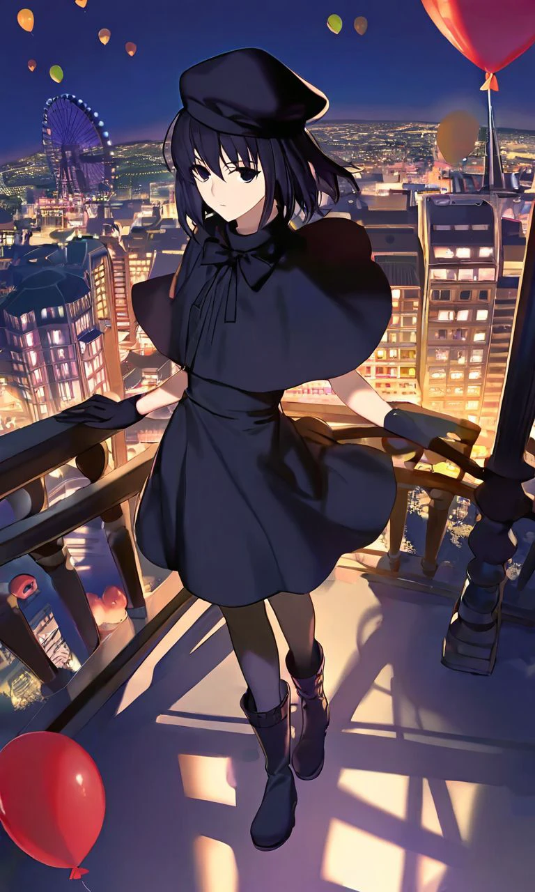 <lora:SDXL_AWD_character_kuonji_alice:1>,kuonji_alice, 1girl, hat, solo, dress, moon, black_dress, gloves, balloon, black_gloves, capelet, boots, full_moon, night, looking_at_viewer, sky, ferris_wheel, sitting, perspective,lighting and shadow,beautiful color,detailed,amazing quality,cityscape