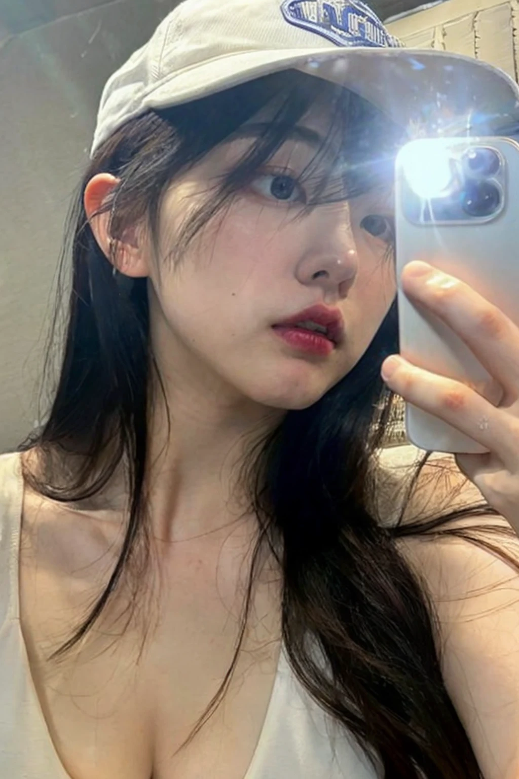 <lora:selfie holding glowing phone_V1:0.8>,(r/glowingphone:1.2),(holding glowing phone),Photo of an 30-year-old Korean woman,asian, dirty lens,   solo, cellphone, long hair, black hair, smartphone, selfie, face visible, glowing, ring,jewelry, upper body, lips, parted lips, tank top, black eyes, iphone, bare shoulders, wearing a baseball cap,cleavage,downblouse
,face close-up <lora:pornmaster_dpo+braV7:0.35>, <lora:PornMaster-AmateurV6+sdsFILM_v5:0.3>