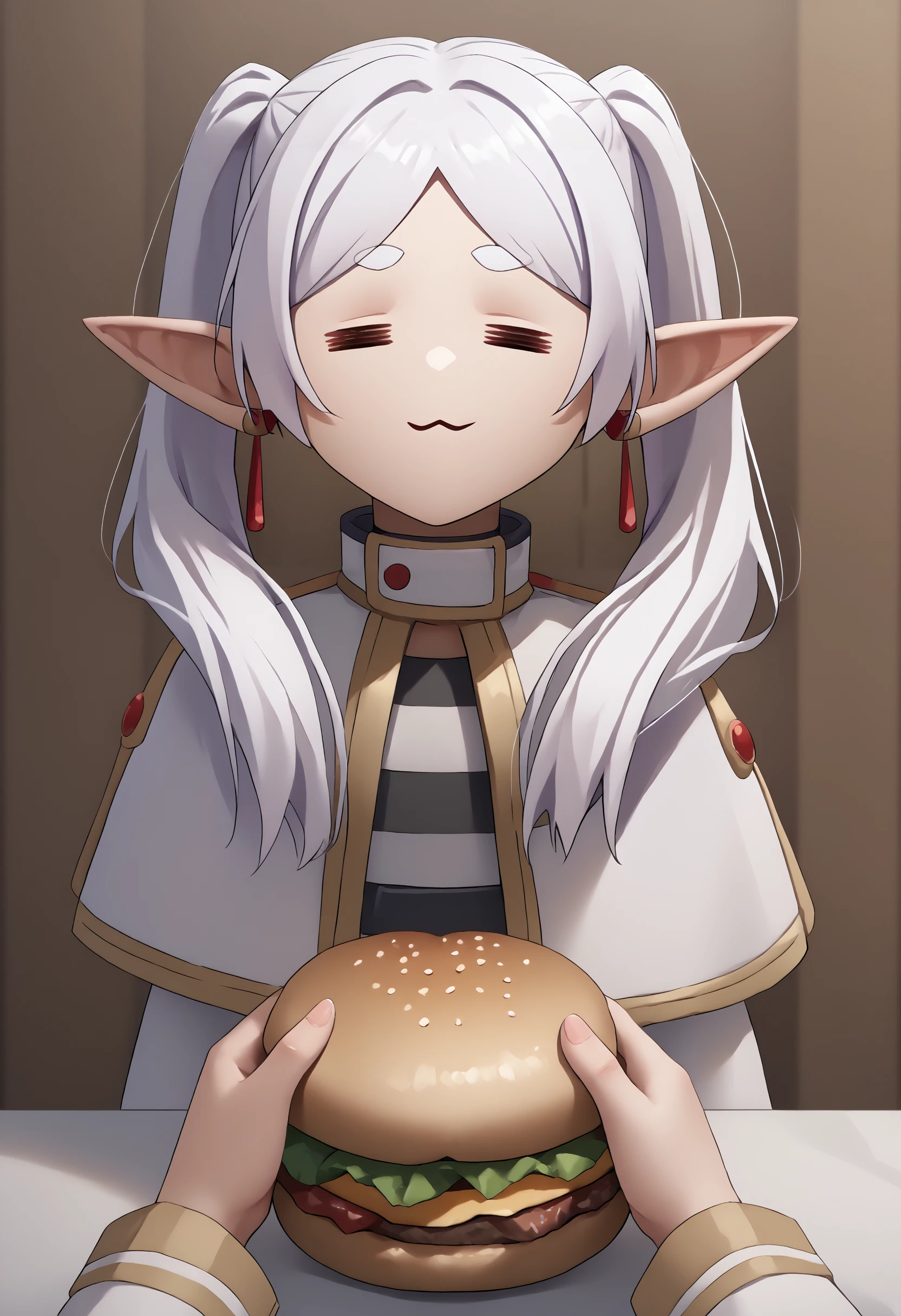 score_9, score_8_up, score_7_up, source_anime, 1girl, <lora:POVGifting_XLPD:1>, PovGifting, pov hands, holding burger, upper body, indoors, <lora:ChamFrierenPonyXLCame:1>, FrierenBase, white hair, long hair, twintails, earrings, white capelet, striped shirt, long sleeves, belt, white skirt, medium skirt, <lora:ChamElfExpressionPonyXL:1.2>, =w=, :3, = =, eyes closed