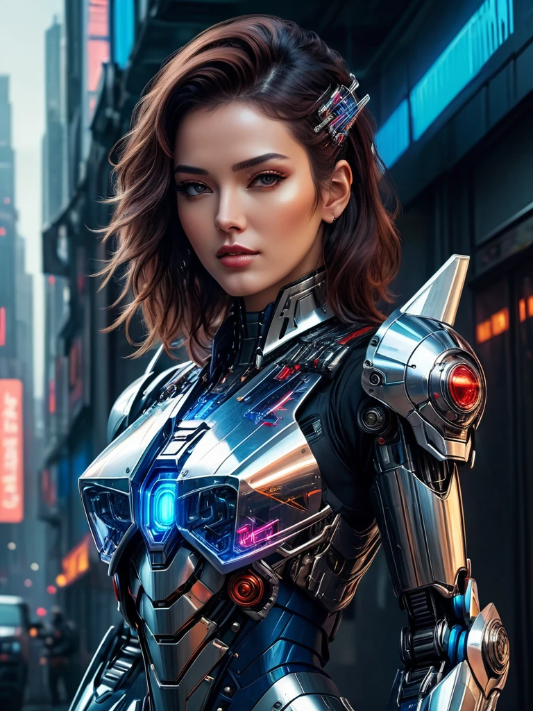 masterpiece, best quality, glamour shot from front of a beautiful woman, biomechanical, (robot:0.5), hyper realistic, hyper detailed, sharp lines, cyberpunk aesthetic, transparent armor, glass, dynamic pose,Optimus Prime,