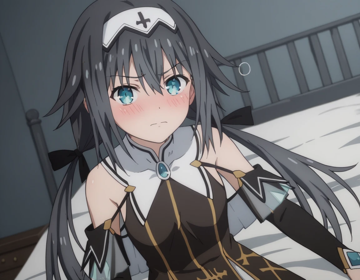 score_9, score_8_up, score_7_up, source_anime,
nibelcole, <lora:nibelcole-s4s5-ponyxl-lora-nochekaiser:1>,
nibelcole, long hair, blue eyes, black hair, hair between eyes, twintails, very long hair, hairband, low twintails, white hairband,
skirt, detached sleeves, sleeveless, white skirt, black sleeves,
indoors, bed, bed room, on side, blush, drunk,
looking at viewer, solo, cowboy shot, dutch angle,