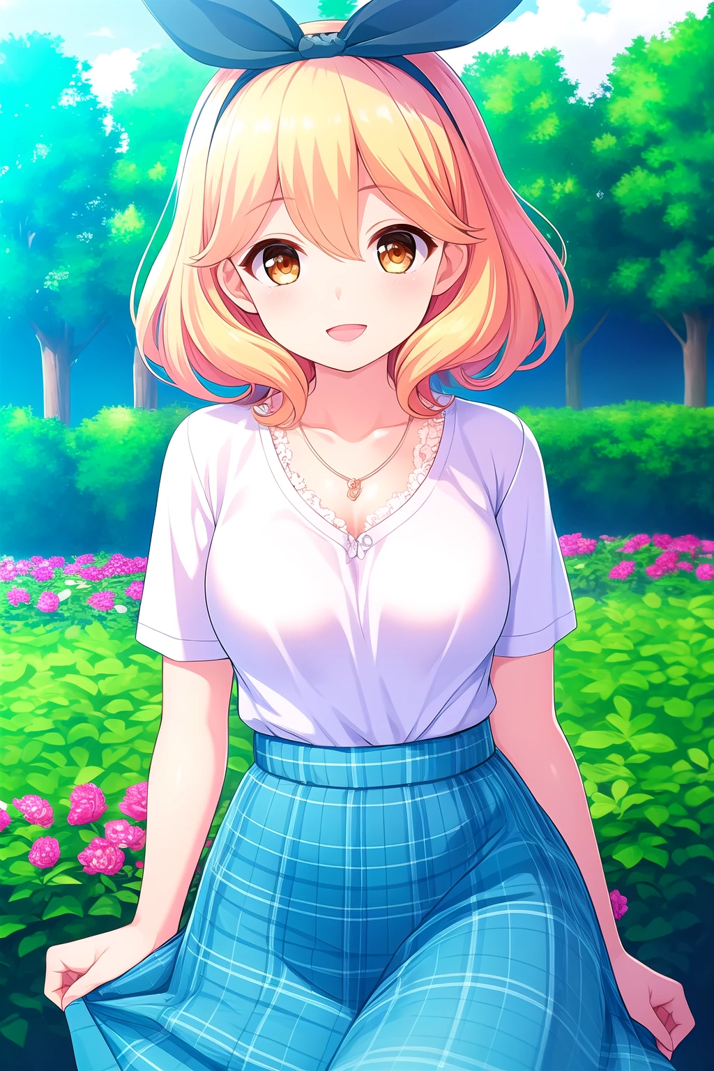 (masterpiece, best quality), highly detailed background, perfect lightingbest quality, ukihashiasuka, solo, outdoors, garden, blonde hair, hair ribbon, blue ribbon, blue hairband, hair between eyes, medium hair, orange eyes, medium breasts, necklace, jewelry, white shirt, frilled shirt, blue skirt, plaid skirt, smile, open mouth, :d, pink lips, <lora:Ukihashi-Asuka:0.7>