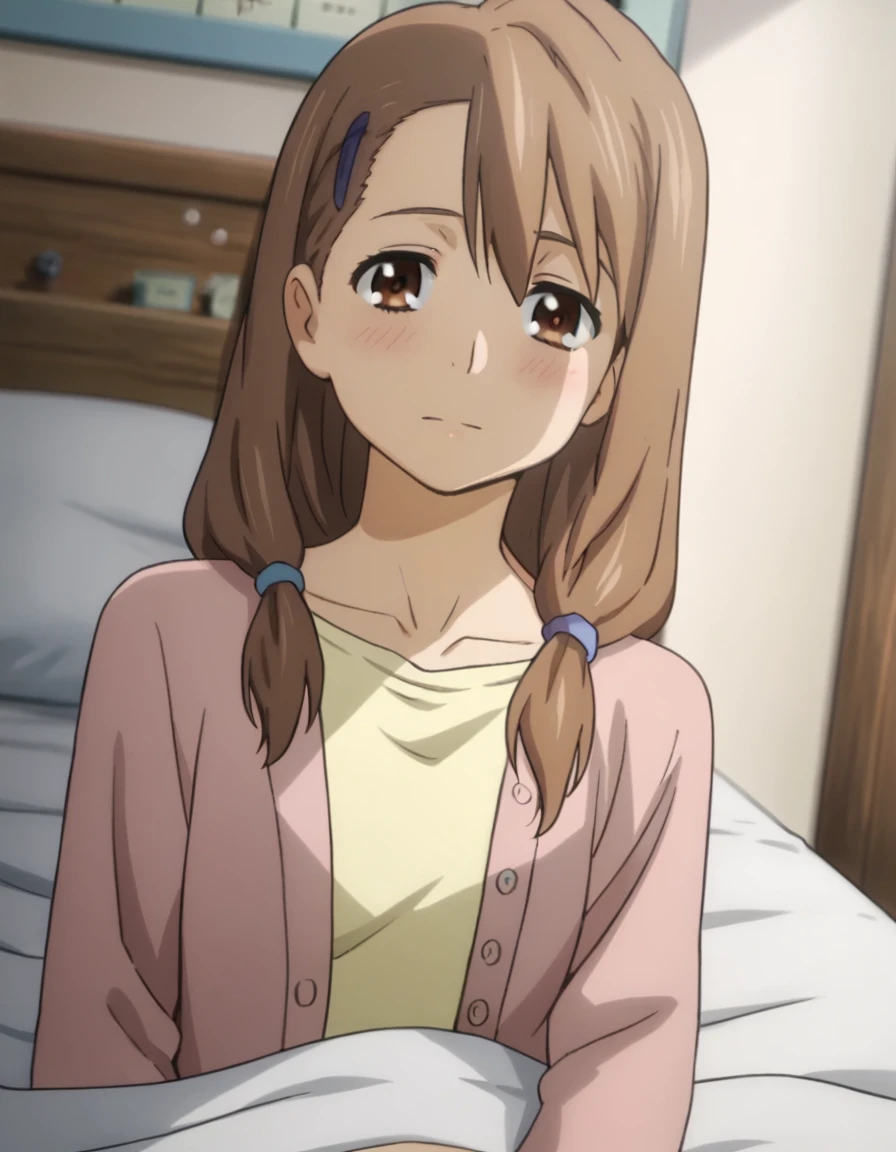 score_9, score_8_up, score_7_up, source_anime,
toukoyadomi,  <lora:touko-yadomi-s1-ponyxl-lora-nochekaiser:1>,
touko yadomi, long hair, brown hair, brown eyes, hair over shoulder, hair clip,
shirt, yellow shirt, collarbone, long sleeve, cardigan, pink cardigan,
indoors, bed, bed room, on side, blush, drunk,
looking at viewer, solo, cowboy shot, dutch angle,