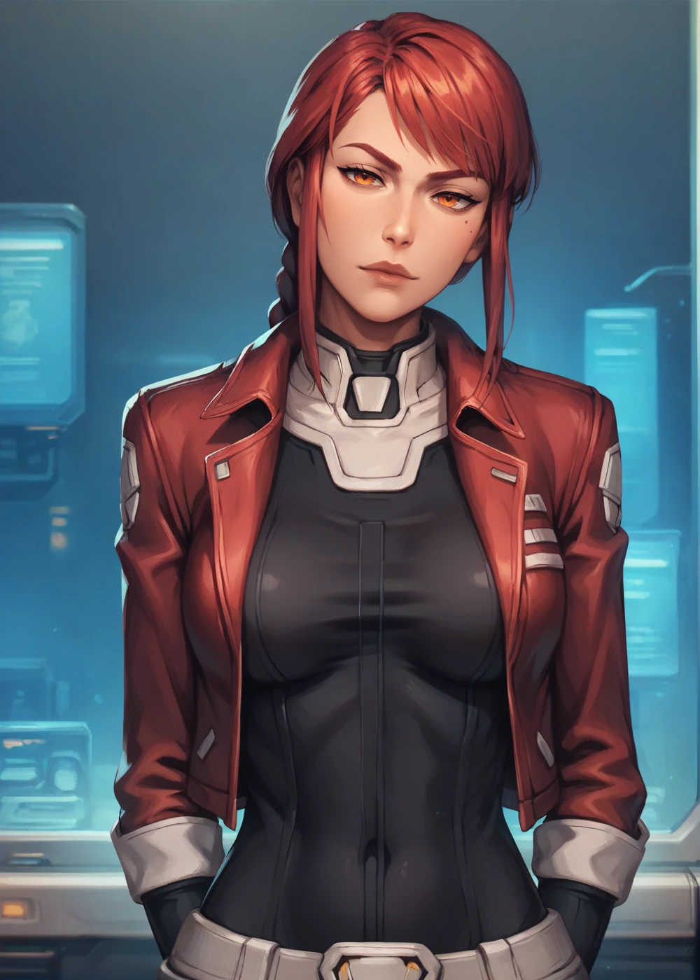 <lora:EverSpace_2_Style_PonyXL-000007:0.8>,
solo, 1girl, makima, orange eyes, confident face, orange eyes, red hair, black bodysuit, red jacket, hands behind back, head tilt, science fiction,, BREAK score_9, score_8_up, score_7_up, score_6_up, score_5_up,