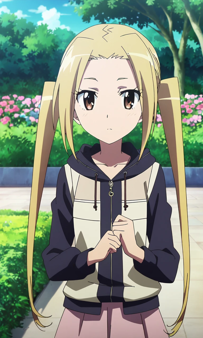 anime artwork hagimura suzu, 1girl, long hair, blonde hair, twintails, brown eyes, petite, flat chested, casual clothing, skirt, hoodie,garden,masterpiece,best quality,8k highres . anime style, key visual, vibrant, studio anime, highly detailed