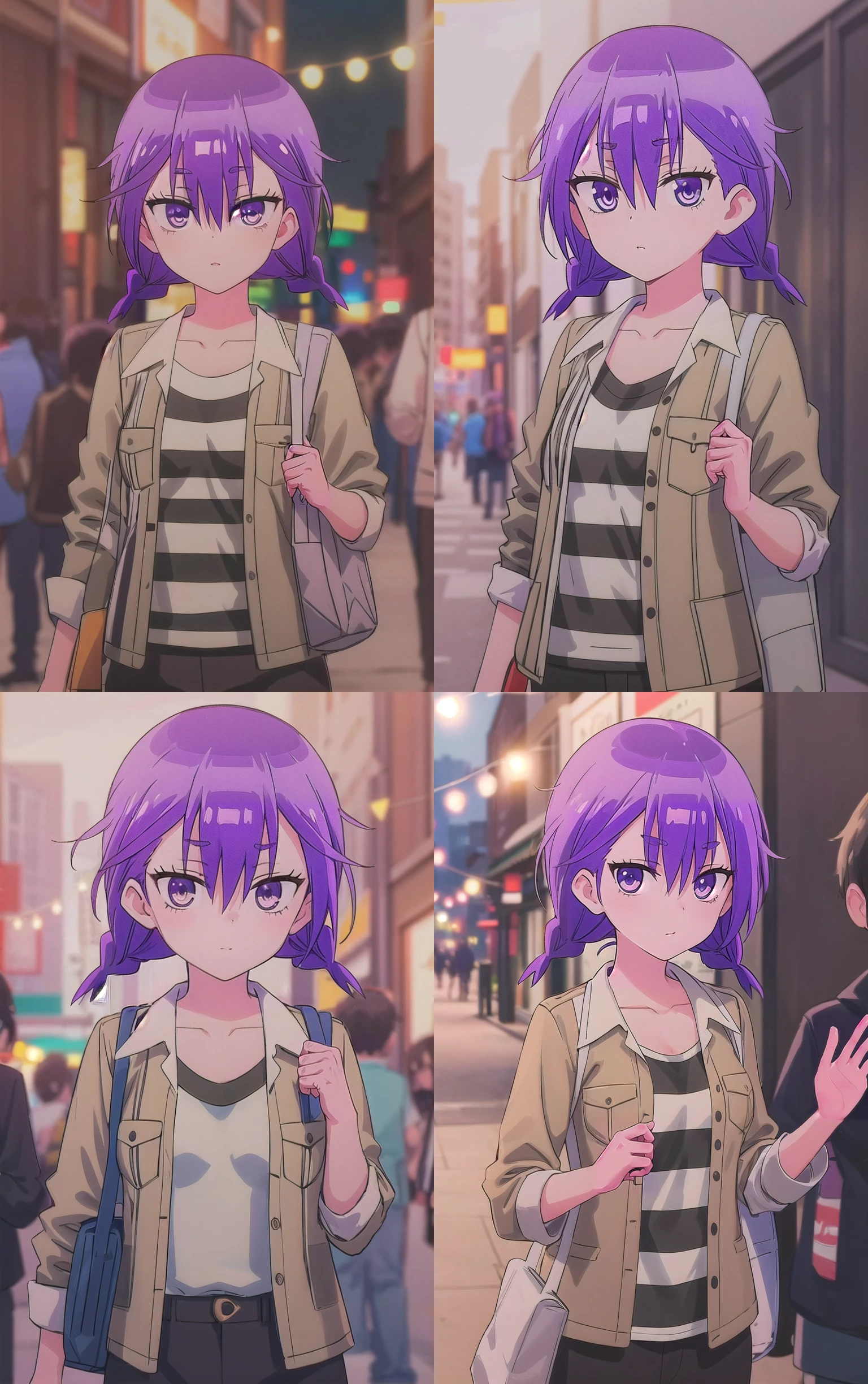 Jacket_WeNeverLearn_AsumiKominami_ownwaifu,
1girl, purple hair, purple eyes, short hair, twin braids, hair between eyes, twintails, breasts, small breasts, short twintails, collarbone,
striped shirt, jacket, brown jacket, open jacket, pants,
{<lora:ANIME_WeNeverLearn_AsumiKominami_ownwaifu:1> |<lora:ANIME_WeNeverLearn_AsumiKominami_ownwaifu:0.9> |<lora:ANIME_WeNeverLearn_AsumiKominami_ownwaifu:0.8> |<lora:ANIME_WeNeverLearn_AsumiKominami_ownwaifu:0.7> },
((masterpiece)),((best quality)),(highres), bokeh, depth_of_field, scenery, spotlight, focused, looking at viewer, solo,
