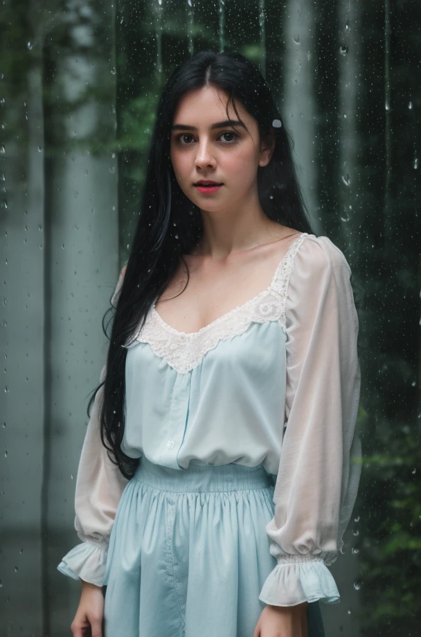 RAW photo, subject, 8k uhd, dslr, soft lighting, high quality, film grain, Fujifilm XT3, professional photo, (detailed skin:1.3), high quality, pastel colors, pastel teal, orchid, hard shadows, portrait, light blue eyes, <lora:Raincore:0.67> , raincore, rain, reflection, full body, full moon, white blouse, long black hair,