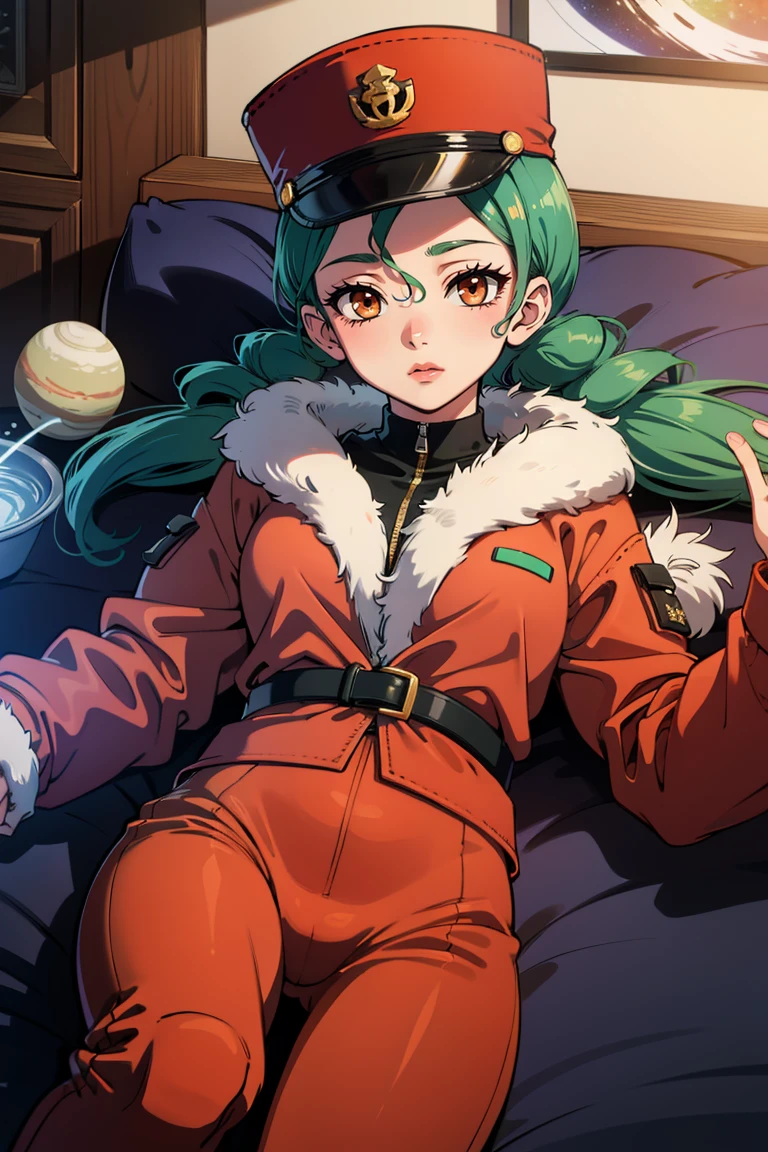 masterpiece, best quality, 1girl, solo, detailed background, absurdres, looking at viewer, <lora:EPpkJenny-06:0.8>, EPpkJenny, green hair, brown eyes, hair ornament, twintails, close-up, space, planets, indoors, dark, lying, on back, fur-trimmed jacket, pom-pom pants, hazel headwear,