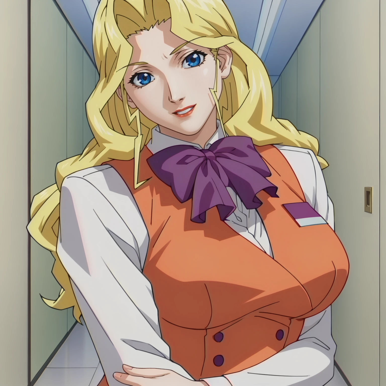 <lora:AliceNonoyamaXLpony001>,
smile,parted lips,
solo,
AliceNonoyama,1girl,blonde hair,long hair,blue eyes,large breasts,
purple bowtie,white shirt,long_sleeves,orange vest,