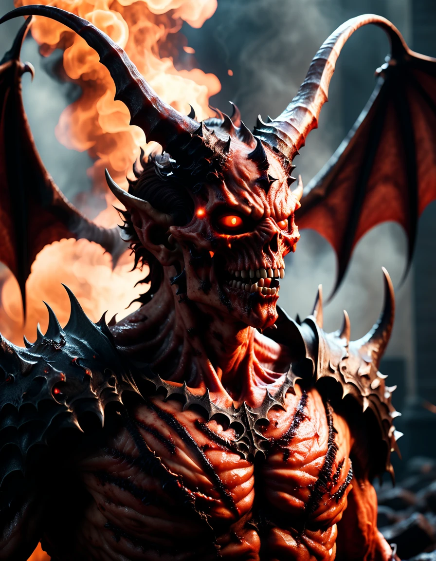 Horror-themed cinematic film still,a horrifying red-skinned male demon king, (full body portrait:1.3), (detailed monstrous evil face:1.4), screaming, wide spread bat like ral-clsdszkn wings, (detailed scaly skin texture:1.2), long curved horns, (in hell, swirling tormented souls, billowing smoke:1.5), black spiky armor,, shallow depth of field, vignette, highly detailed, high budget, bokeh, cinemascope, moody, epic, gorgeous, film grain, grainy . Eerie, unsettling, dark, spooky, suspenseful, grim, highly detailed <lora:ral-grilled-sdxl:1> made of ral-grilled