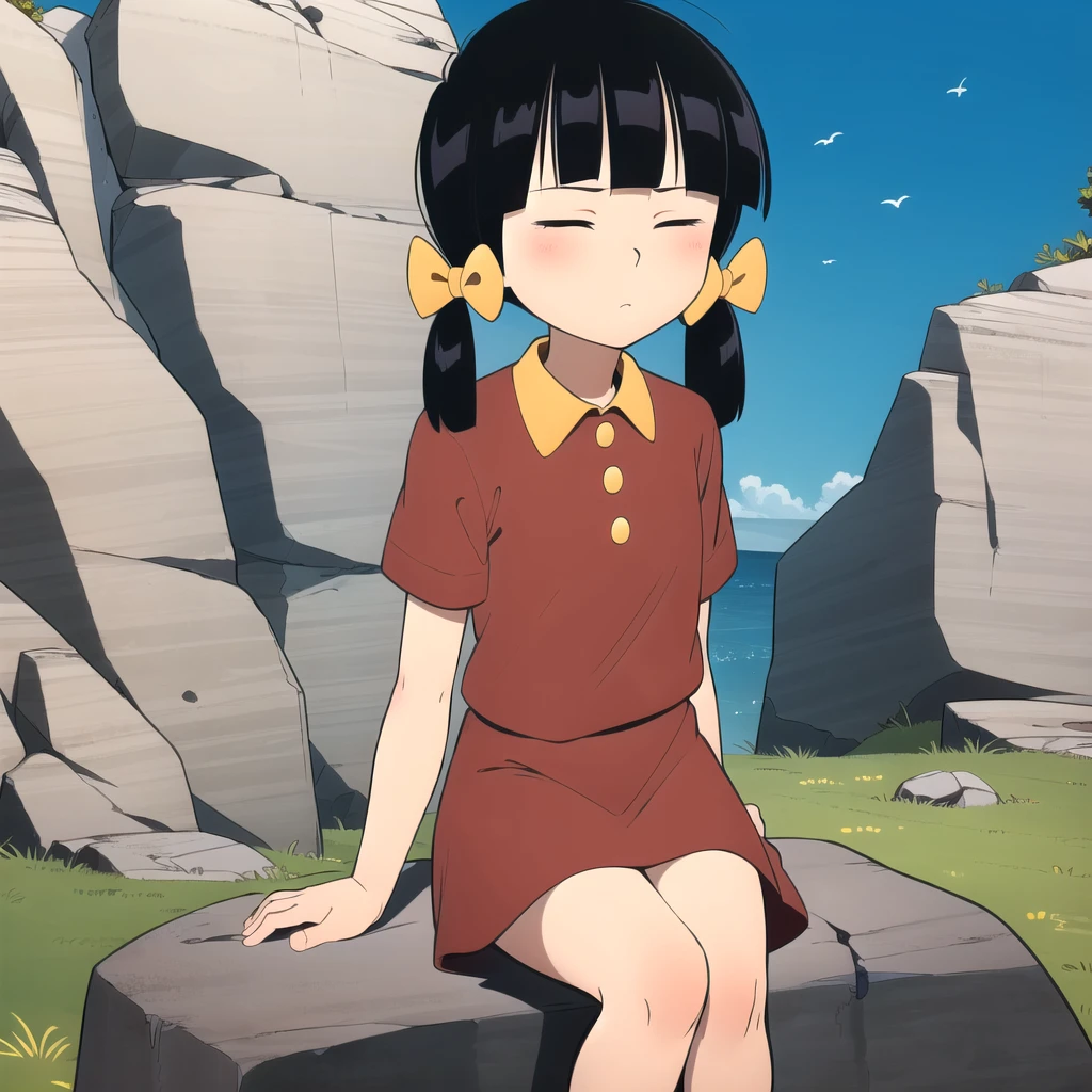 1girl, solo, Chen, black hair,  twintails, hair bow, red shirt, yellow shirt collar, untucked shirt , red skirt, stealth skirt, short sleeves, closed eyes, <lora:Chen_Cedric_Leaf2:0.8>, sitting, sitting on rock