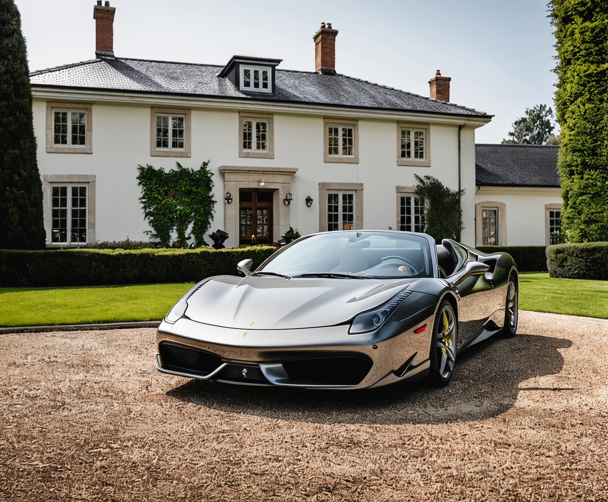 Car Photography Professional Photography,  A ferrari sitting in front of a mansion, tinted windows, monochrome chameleon paint job, hyperdetailed photography, realistic,
