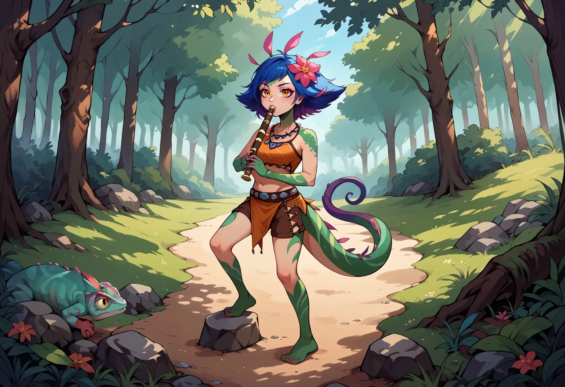 score_9, score_8_up,score_7_up,score_6_up, source_anime,
BREAK
forest,
BREAK
n33ko,
colored skin,green skin,hair ornament,hair flower,multicolored hair,lizard tail, medium breasts,
crop top,midriff,brown shorts,necklace,loin cloth,belt,
kyoufuuallback, full body, holding flute
BREAK
Chameleon, lizard, back spikes, feral, scales
<lora:Neeko_potat-v5:0.9>   <lora:concept_kyoufuuallback_ponyXL:0.8>  <lora:ChamChameleonPonyXL:1>