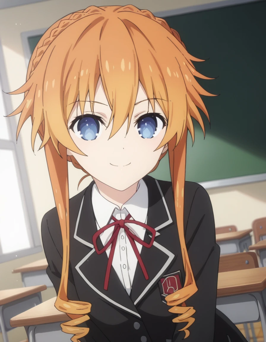 score_9, score_8_up, score_7_up, source_anime,
kaguyayuzuruyamai, <lora:kaguya-yuzuru-yamai-s4s5-ponyxl-lora-nochekaiser:1>,
kaguya yuzuru yamai, blue eyes, hair between eyes, sidelocks, orange hair, drill hair, short hair with long locks, french braid, braid,
shirt, long sleeves, ribbon, school uniform, jacket, white shirt, collared shirt, red ribbon, black jacket, neck ribbon, blazer,
indoors, classroom, bent over, smile,
looking at viewer, solo, cowboy shot, dutch angle,