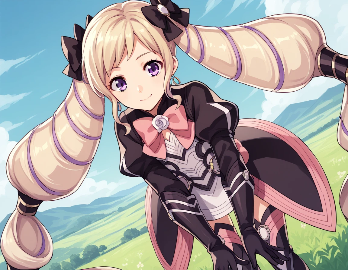 score_9, score_8_up, score_7_up, source_anime,
fireemblemelise, <lora:fire-emblem-elise-ponyxl-lora-nochekaiser:1>,
elise, blonde hair, long hair, purple eyes, purple hair, twintails, hair bow,
boots, bow, dress, earrings, gloves, high heel boots, high heels, jewelry, ribbon, thigh boots, thighhighs, zettai ryouiki, juliet sleeves, puffy sleeves,
outdoors, landscape, bent over, smile,
looking at viewer, solo, cowboy shot, dutch angle,