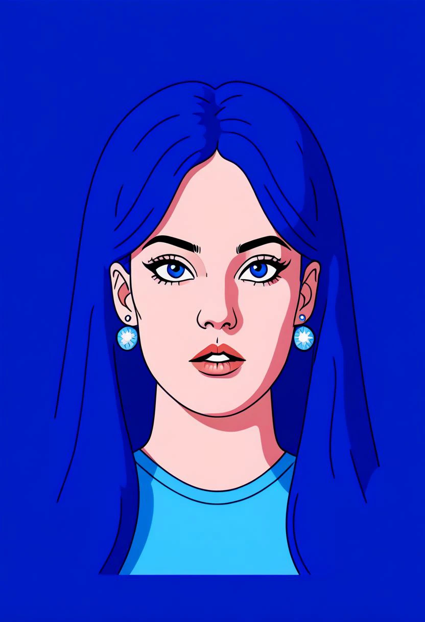 mpzthzz, solo, 1girl, earrings, shadow, jewelry, blue background, blue hair, blue eyes, long hair, simple background, portrait, parted lips, shirt, signature, memphis corporate design, flat art, flat coloring, simple, vector art, corporate art, cel shading, cel shaded, PonyXLV6_Scores