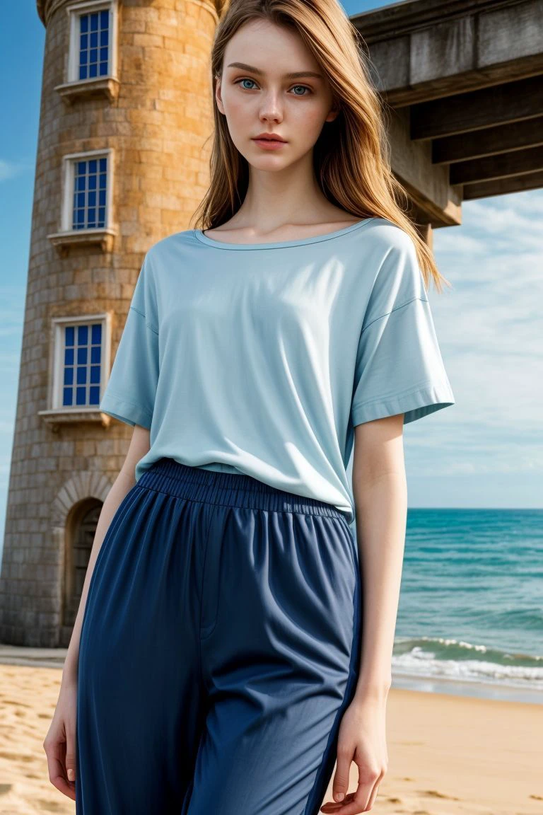 <lora:kawaii7.1.3_obj20:0.75:0.25>, European woman, closeup, sandals, (shirt), pants, (beach lighthouse), ZM_heather, wide shoulders, perfect face, (contact iris: 1.1), pale skin, skin pores , depth of field