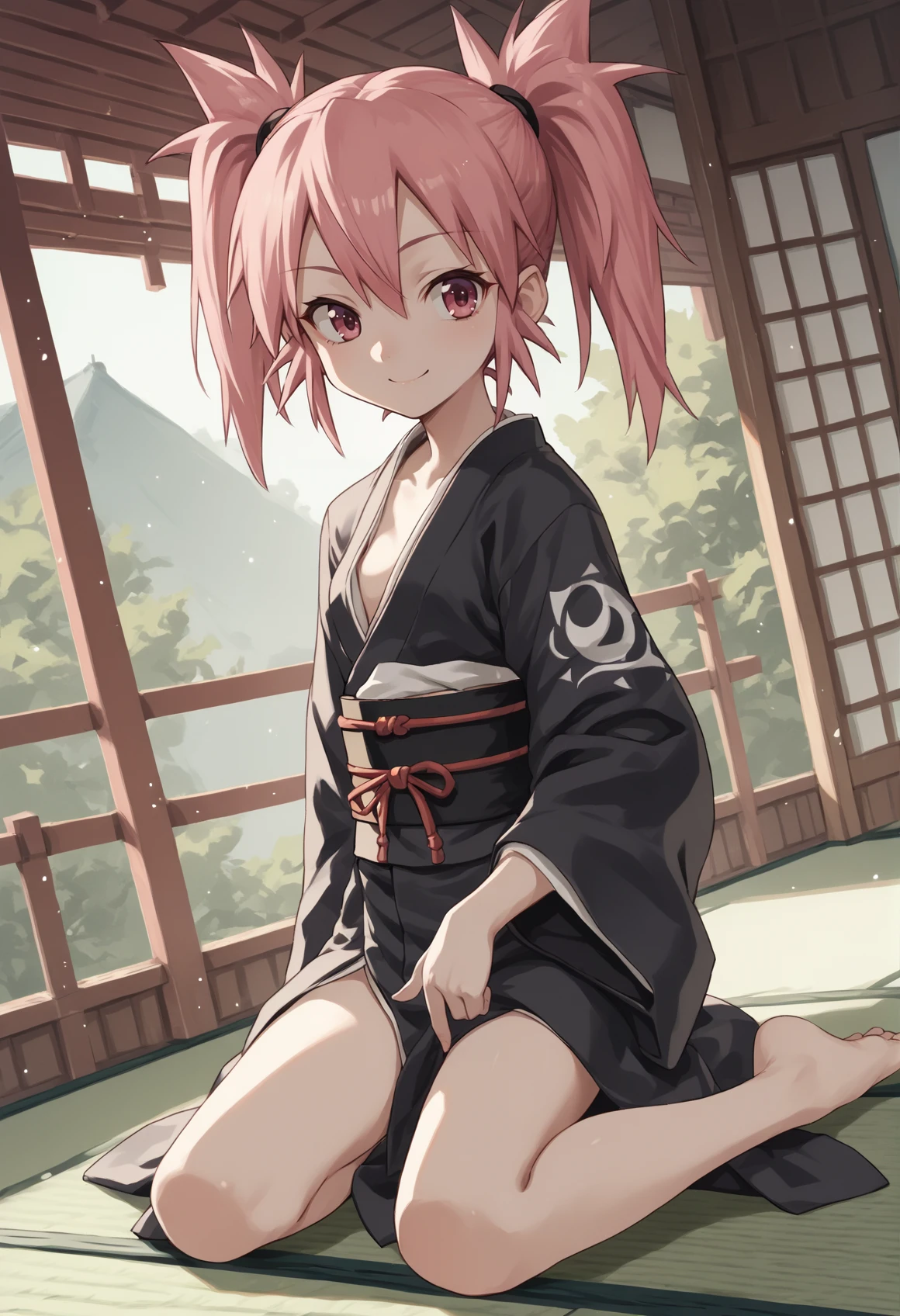 1girl, solo, luna, pink hair, twintails, pink eyes, small breasts, japanese clothes, black kimono, kneeling, smile, japanese house, dutch angle <lora:LunaSan:1>, score_9, score_8_up, score_7_up, score_6_up, score_5_up, score_4_up, BREAK source_anime, masterpiece