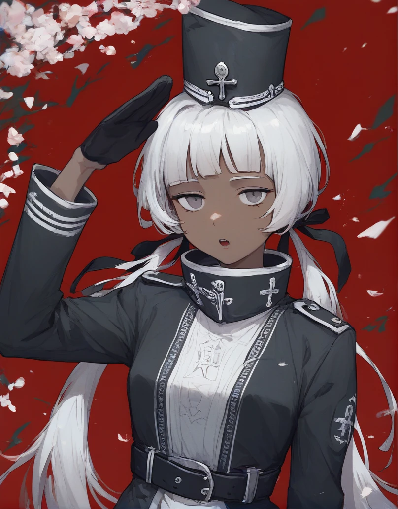 (score_9, score_8_up:1.1), score_7_up, masterpiece, <lora:Charon_Limbus_Model:1>, CharonLimbus, 1girl, solo, long hair, looking at viewer, open mouth, bangs, ribbon, twintails, hair ribbon, yellow eyes, upper body, white hair, grey hair, dark skin, dark-skinned female, low twintails, salute, black gloves, belt, blunt bangs, black dress, grey eyes, black headwear, cross
