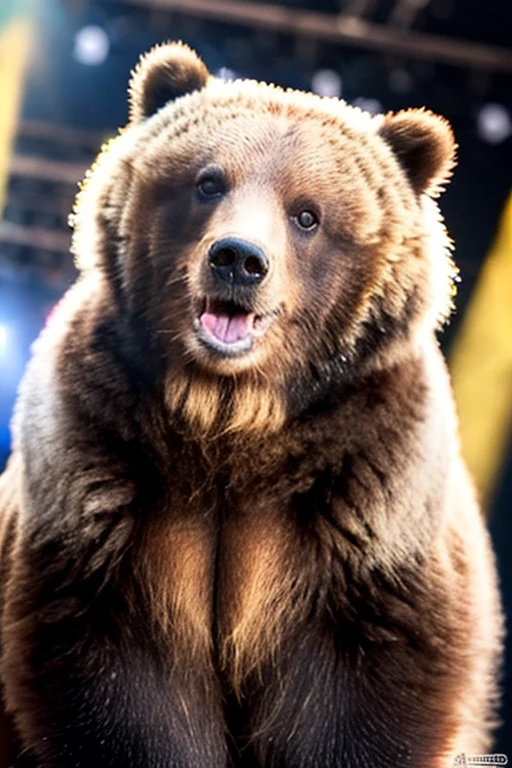 (masterpiece, best quality:1.4), 8k, highres, shiny skin, lips, super detailed skin, detailed beautiful face and eyes, spotlight, professional lighting, hands up, smile, An adorable grizzly bear cub playfully standing on its hind legs in the stage, its mouth open in a playful growl, exuding an aura of innocent mischief, sitting, kooo123, close up <lora:grizzOO_v1:0.8>