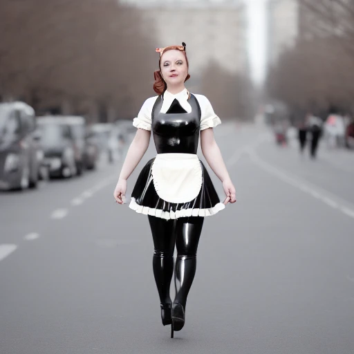 Latex maid,  walking in a city.
