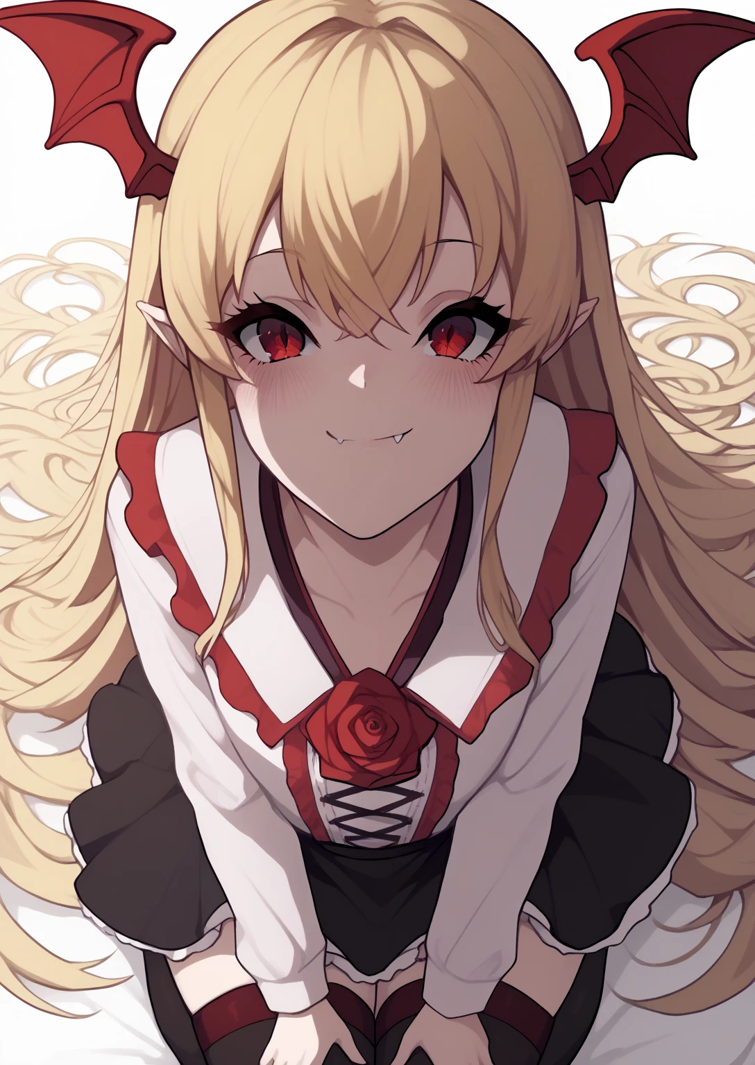 <lora:KakureEriaPDXL:1.1>, score_9, score_8_up, score_7_up, source_anime, (masterpiece, best quality:1.2), extremely detailed, soft ambient lighting, sharp focus, 4K, BREAK <lora:VaniVampyLora-000010:1>, VaniVampy, vampy, vampire girl, 1girl, solo, very long blonde hair, bangs, red eyes, skin fang, head wings, white shirt, black skirt, frills, red rose, black thighhighs, BREAK nervous smile, blush, looking at viewer, kneeling, BREAK white background, high angle, BREAK