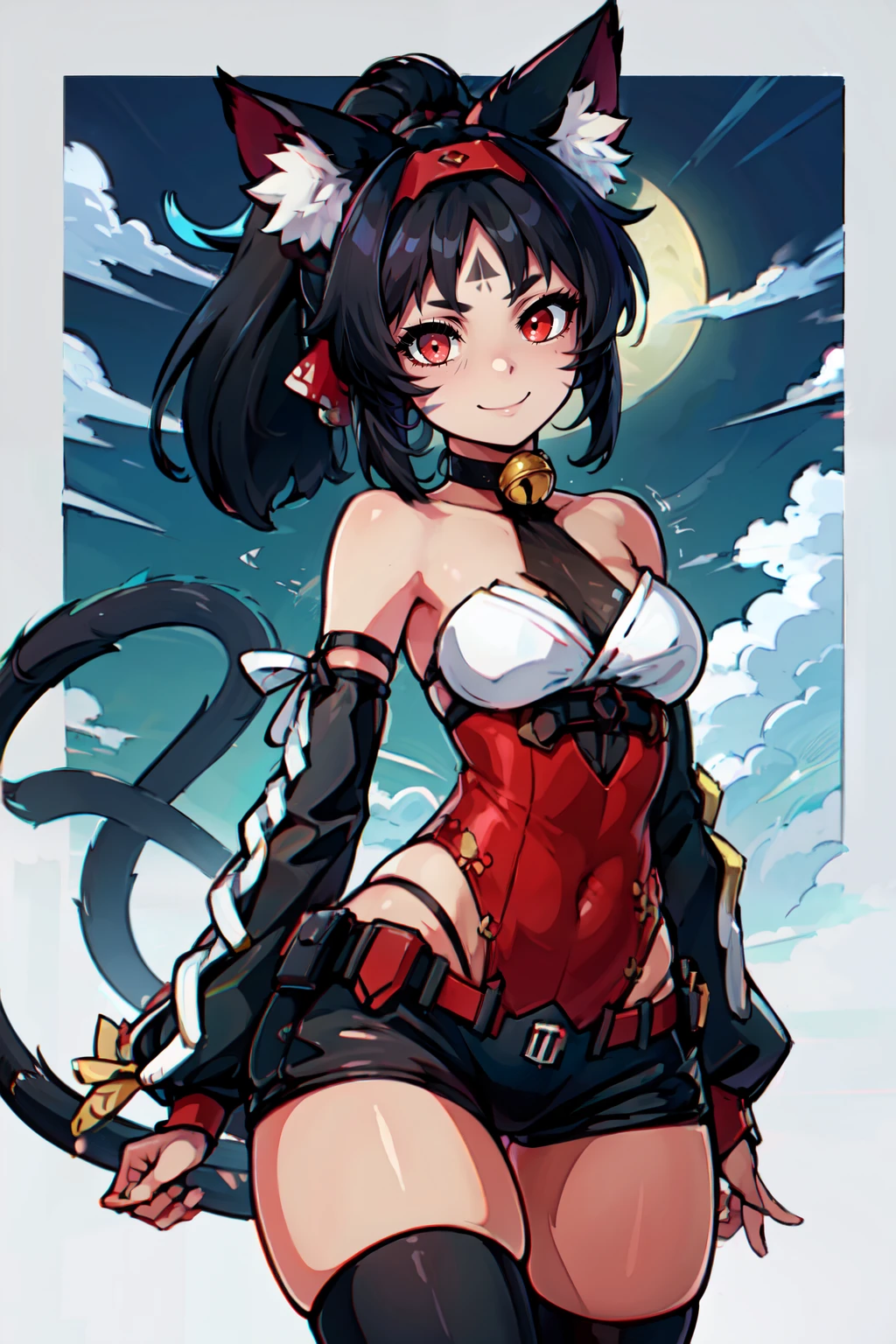 ((masterpiece,best quality)), absurdres, <lora:nekomiya_mana:0.7>,  curvy, medium breasts, wide hips,   nekomiya mana, cat ears, red eyes,  neck bell, hairband, two tails, detached sleeves, black thighhighs, ponytail, red leotard, leotard under clothes, black shorts, hair ribbon, boots, forehead mark,   solo, smile, looking at viewer, cowboy shot,