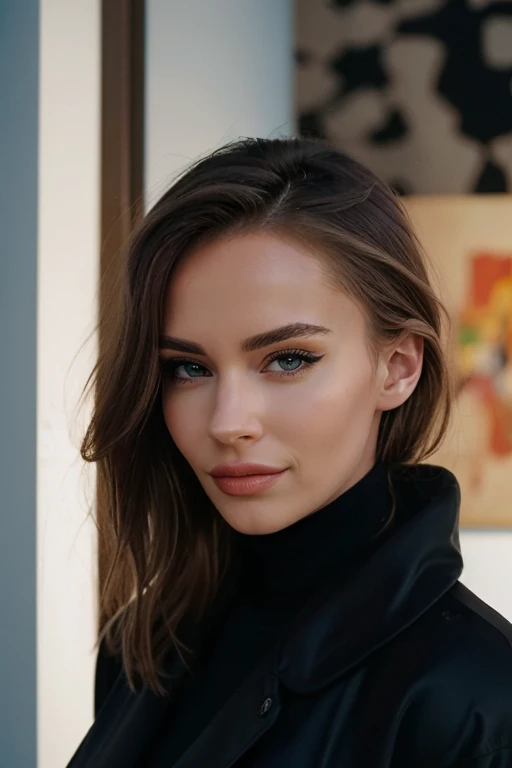 a breathtaking high quality cinematic still of a beautiful blonde woman, <lora:VeronikaAndris_V1:1>, highly detailed face, black eyeline, perfect styled hair, long honey blonde hair, 8K, masterpiece, in a art gallery in front of a large abstract modernist expressive painting, wearing a ((blue:1)) skintight turtleneck sweater, 50mm portrait lens, vignette:1.3, summer evening, cinematic lighting, warm golden hour, lighting, close-up on face, eye level, dutch angle, shot on Leica M3, EKtar 100 film, in style of HMartin Schoeller