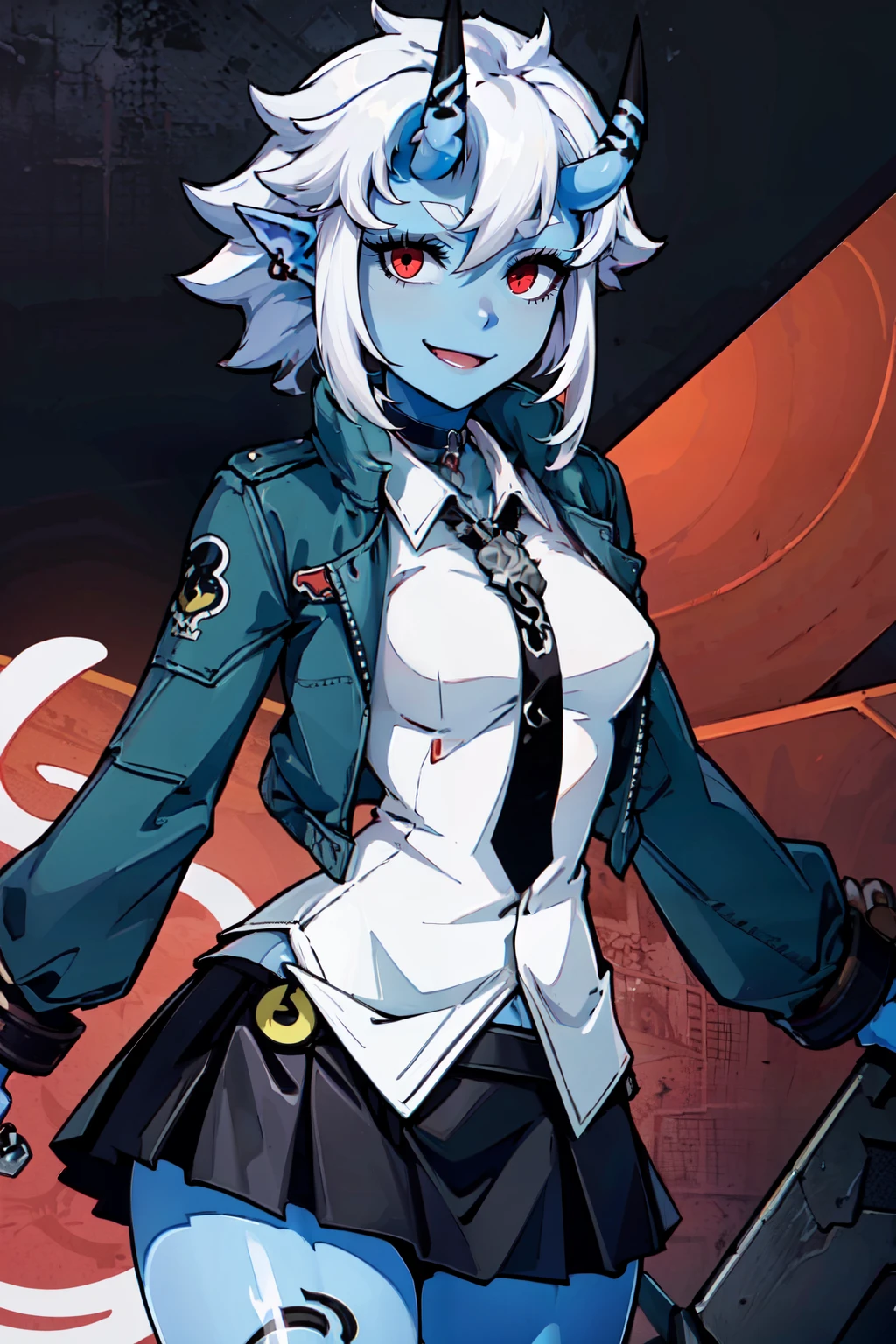 ((masterpiece,best quality)), absurdres, <lora:soukaku:0.7>,  curvy, medium breasts, wide hips,   soukaku, red eyes, blue skin, white hair, short hair, horns, oni,   black choker, jacket, white collared shirt, black tie, black skirt,   solo, smile, looking at viewer, cowboy shot,