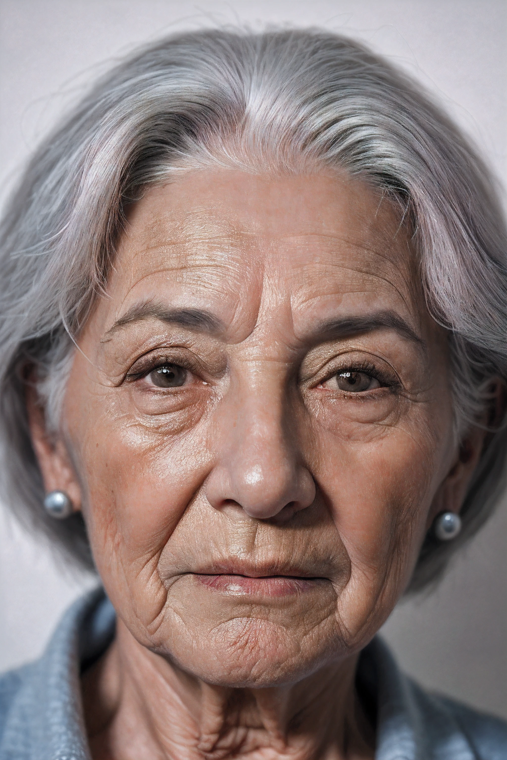 80yo woman, grey hair, deep wrinkles, closeup, hard shadows