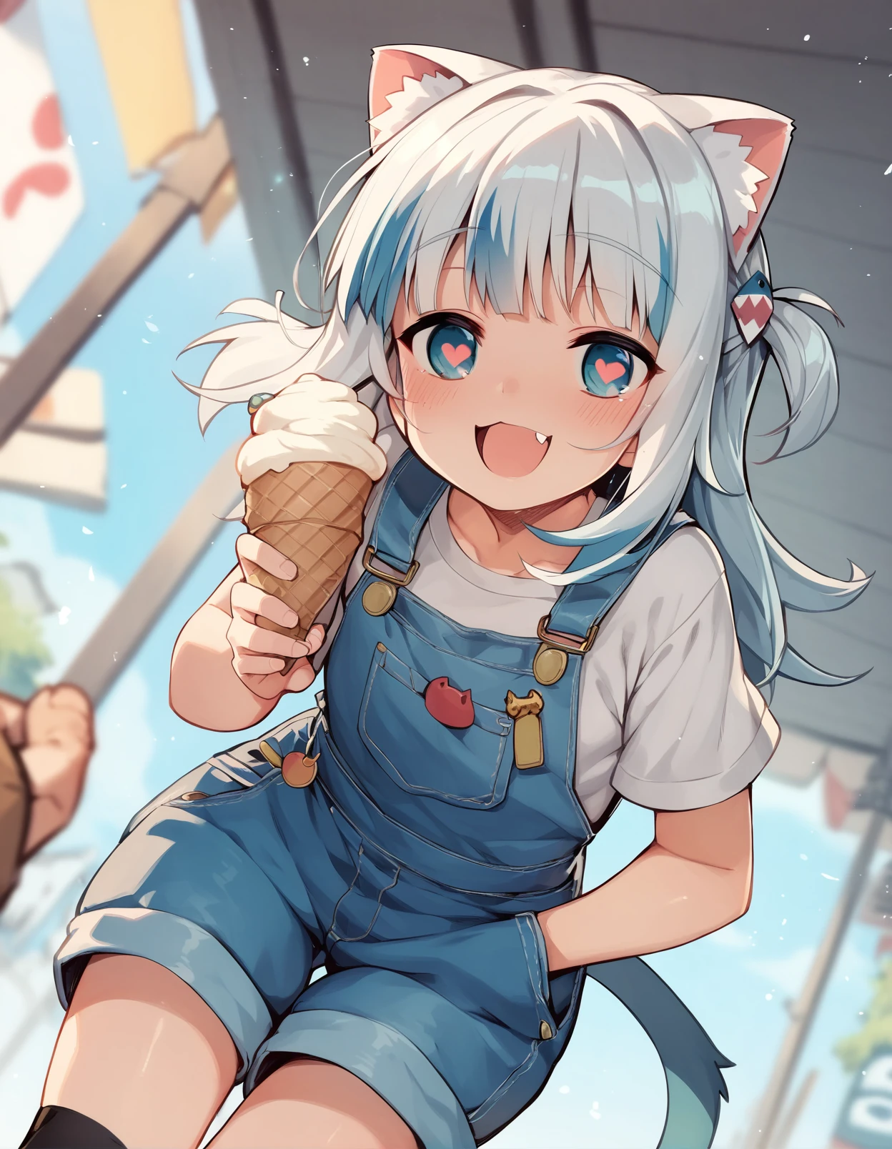 score_9,score_8_up,score_7_up,score_6_up, a happy girl holding an ice cream, heart-shaped pupils, open mouth, smile,  pitvinm, cat ears,skirt_overalls,   <lora:namonashi_style_pony6_v2-000038:1> dutch angle,