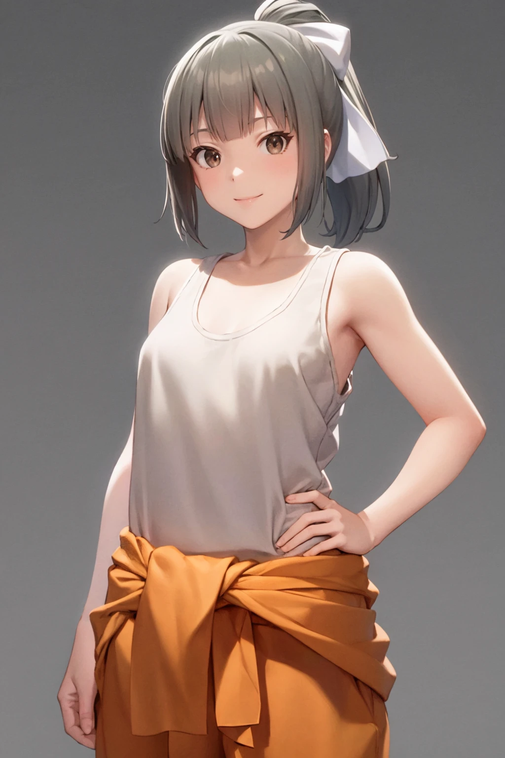 masterpiece, best quality,
1girl, yuubari \(kancolle\), grey hair, ponytail, bangs, brown eyes, hair bow,
jumpsuit, white tank top,
hands on hips, smile, upper body, solo, looking at viewer, simple background, solid grey background <lora:Yuubari:1>