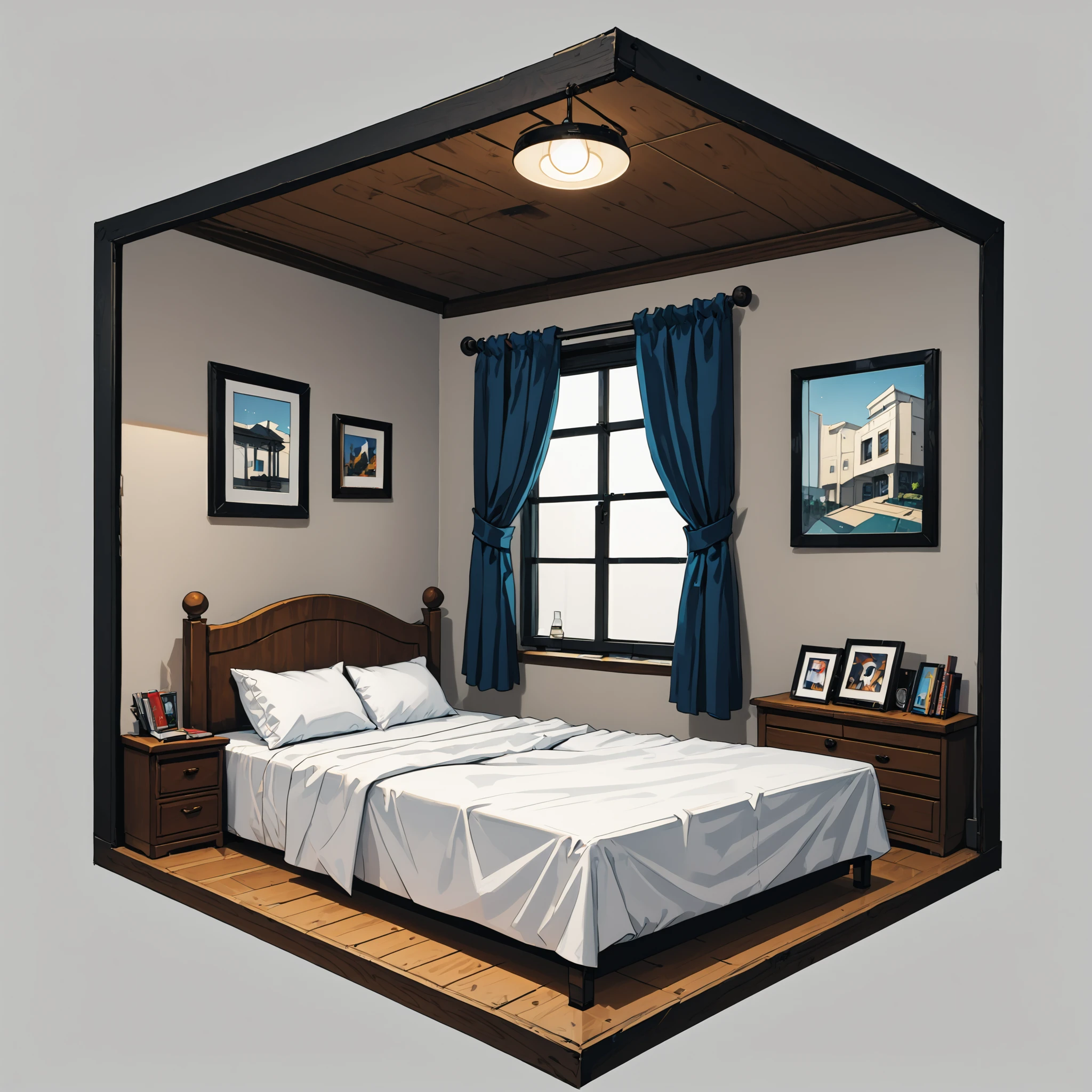 hx, bedroom, bed, nightstand, glass of water, book, pictures on wall, ceiling, window, night  <lora:hexagon_composition_pony_06:0.7>