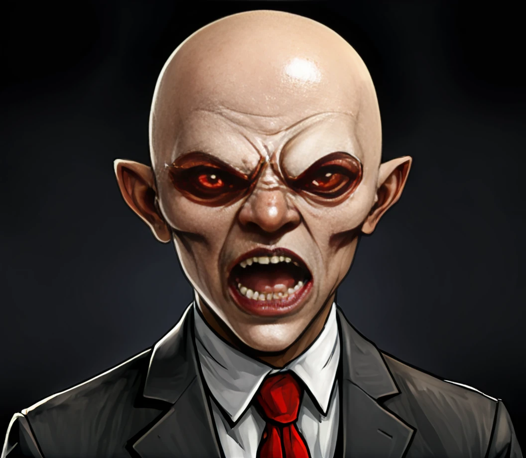 tcho-tcho,creepy,monster,red eyes,bald head,sharp teeth,snarling expression,close-up,male,fictional character,horror theme,high detail,digital painting,menacing look,dark background,muted colors,fantasy art.,cthulhu horror,bald,1boy,solo,male focus,colored sclera,suit,formal,fangs,necktie,open mouth,teeth,black sclera,realistic,red sclera,lovecraftian,Mythological creatures,<lora:kesulu-10:0.6>,
