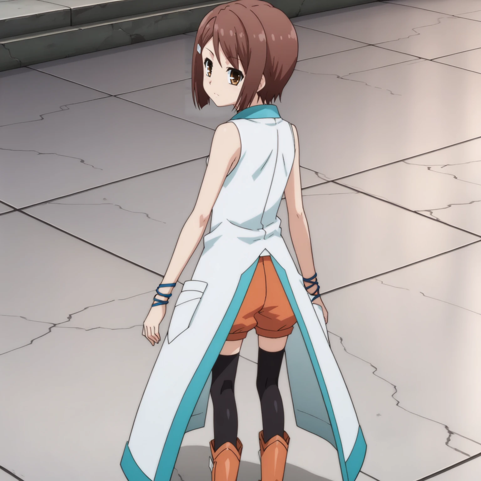 <lora:KasukabeYouXLpony001>,
looking at viewer,
solo,
KasukabeYou,1girl,brown hair,short hair,brown eyes,
hairclip,
coat,sleeveless,
orange shorts,
black thighhighs,
boots,
wristband,
full body,standing,looking back,