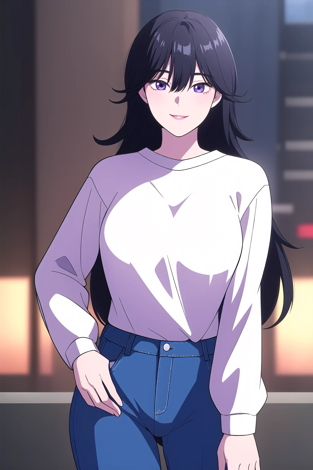 (masterpiece, best quality), highly detailed background, perfect lightingbest quality, dunalee, solo, outdoors, city, black hair, hair between eyes, very long hair, makeup, purple eyes, breasts, white sweater, long sleeves, jeans, blue pants, smile, closed mouth, pink lips, <lora:Duna-Lee:0.7>