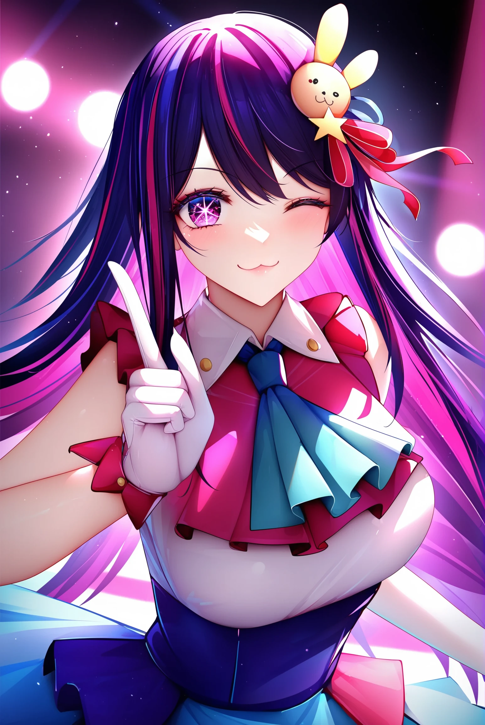 1girl, 
hoshino ai \(oshi no ko\), oshi no ko, 
binggong asylum, 
smile, pink hair, frills, sleeveless dress, purple eyes, holding microphone, rabbit hair ornament, star hair ornament, symbol-shaped pupils, looking at viewer, gloves, star \(symbol\), idol clothes, frilled dress, white gloves, pink dress, sleeveless, closed mouth, multicolored hair, microphone, star-shaped pupils, solo, dress, long hair, hair ornament, purple hair, streaked hair, idol, holding, blue dress, blue ascot, ascot, hair between eyes, light particles, upper body, floating hair, one eye closed, ;3, detached sleeves, index finger raised, swept bangs, 
masterpiece, best quality, absurdres