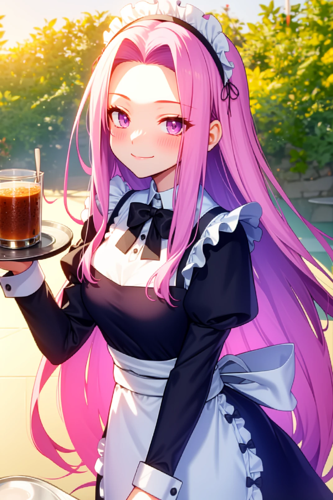 solo, masterpiece, best quality, outdoors, cafe, standing, looking at viewer, smile, closed mouth, medusa, purple eyes, forehead mark, purple hair, very long hair, black dress, puffy long sleeves, maid headdress, waist apron, frilled apron, frills, detached collar, black bow, white thighhighs, blush, holding tray