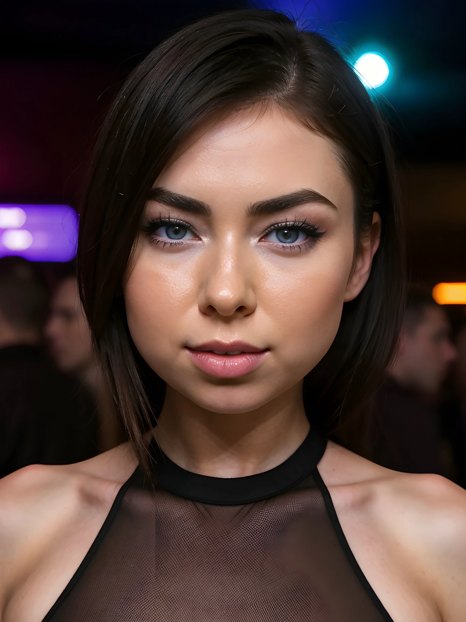 close-up photo of M3l1ss4M00r3_V1-Emb , wearing casuals, in the middle of a nightclub, 8k uhd, high quality, dramatic, dramatic lighting, realistic , lifelike texture