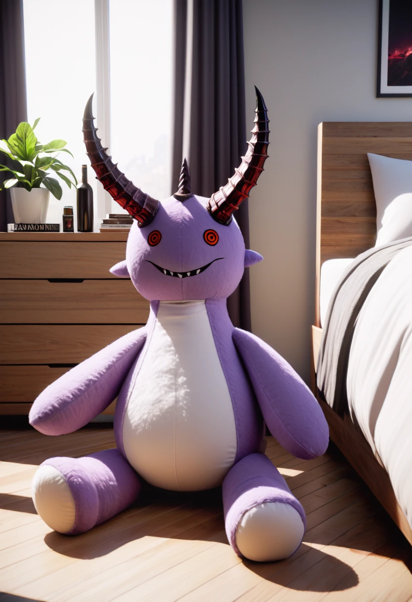 Unreal Engine 5 Render, hyperrealistic, product photo, Slaanesh Daemonette fumo plush, advertisement, complex lighting, natural light, modern bedroom, extremely detailed, ray tracing, nsfw,
 <lora:Slaanesh:1>