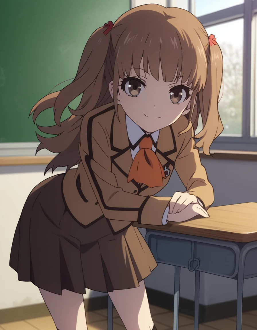 score_9, score_8_up, score_7_up, source_anime,
sayuhisanuma, <lora:sayu-hisanuma-s1-ponyxl-lora-nochekaiser:1>,
sayu hisanuma, long hair, brown hair, brown eyes, two side up,
skirt, school uniform, socks, blazer, neckerchief, long sleeves, brown skirt, brown blazer,
indoors, classroom, bent over, smile,
looking at viewer, cowboy shot, dutch angle, solo,