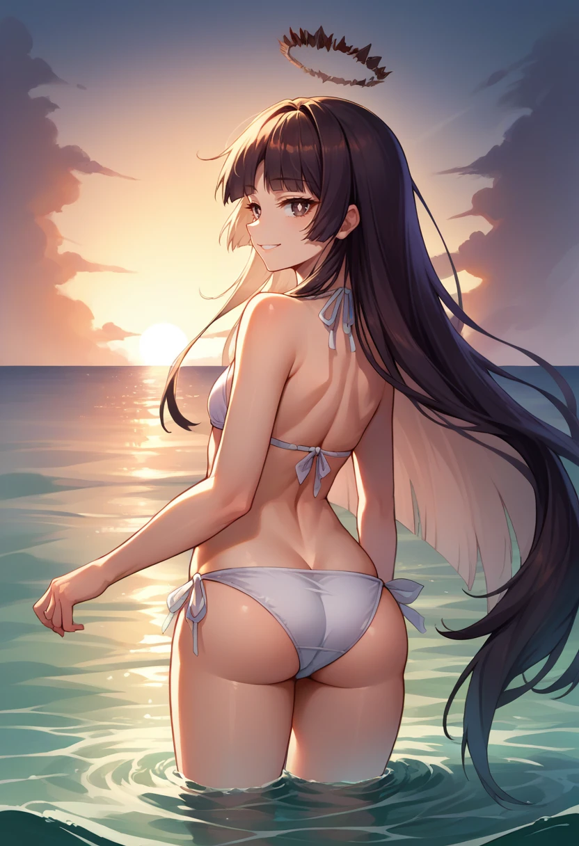 score_9, score_8_up, source_anime, 1girl, solo, VirtuosaBase, white pupils, long hair, hime cut, broken halo, white bikini, side-tie bikini, ocean, from behind, ass, looking back, sunset, wading, smile, warm lighting, backlighting, <lora:ChamVirtuosaPonyXL-000004:1>