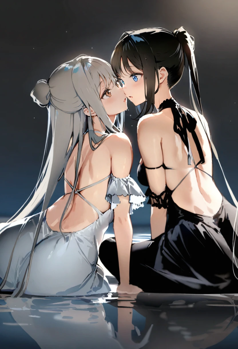 2 girls layed and hugging each other, each white and black long hair, red eyes, wearing gosloli, vampire castle, absurdres, high res, ultrasharp, 8K, masterpiece, looking at viewer