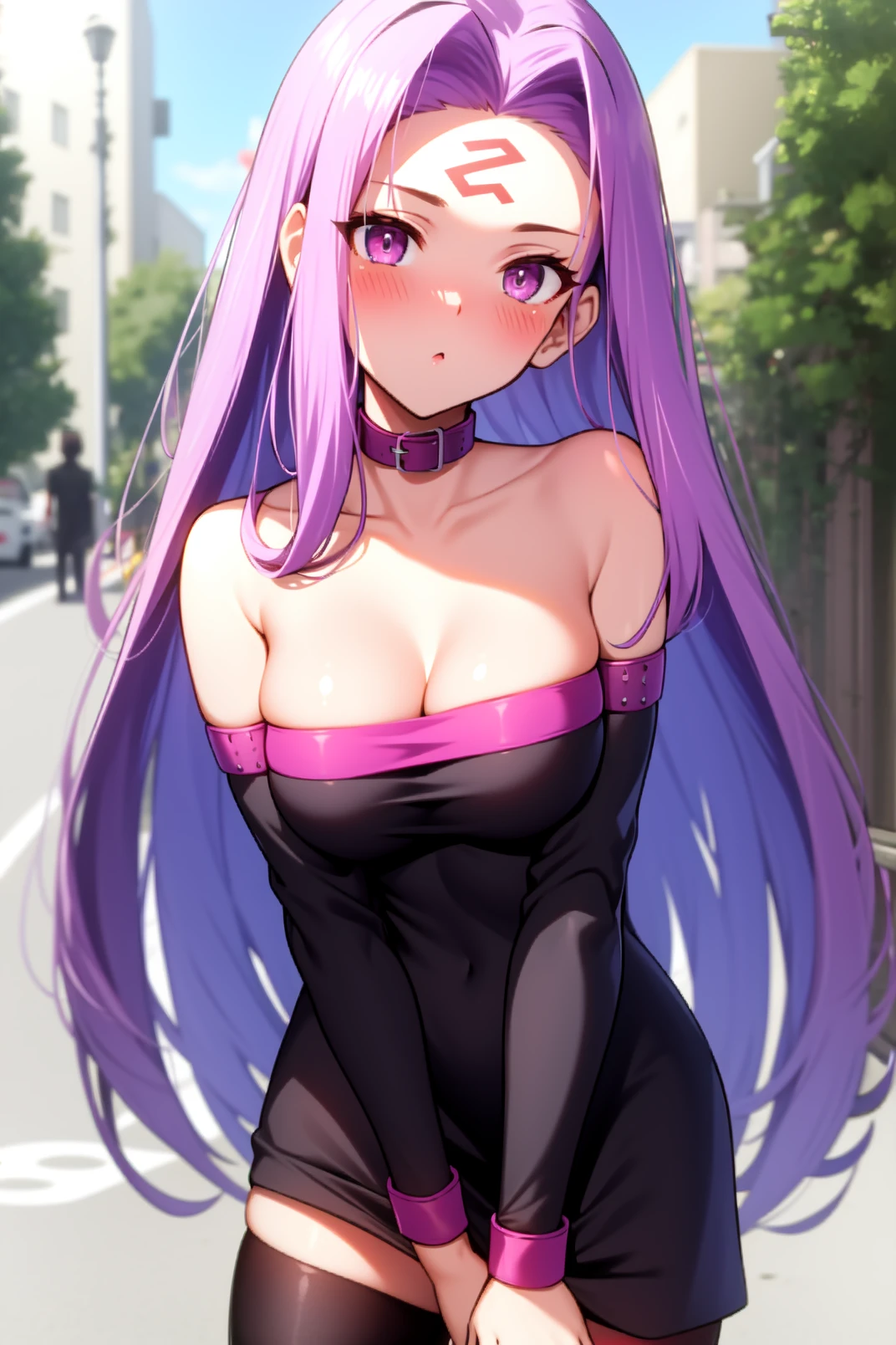 solo, masterpiece, best quality, outdoors, street, looking at viewer, :o, closed mouth, blush, standing, medusa, purple eyes, forehead mark, purple hair, very long hair, collar, black dress, short dress, strapless dress, detached sleeves, black sleeves, black thighhighs